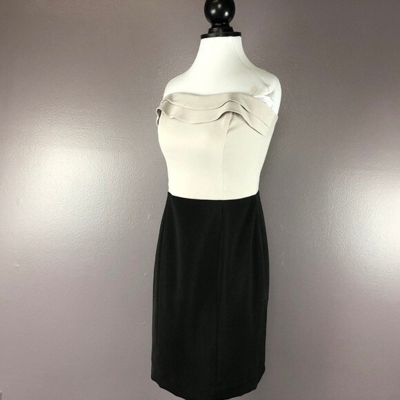 H&M Black Beige Sheath Pencil Dress Size 8 Strapless Ruffle Collar‎ Color Block - Picture 5 of 7